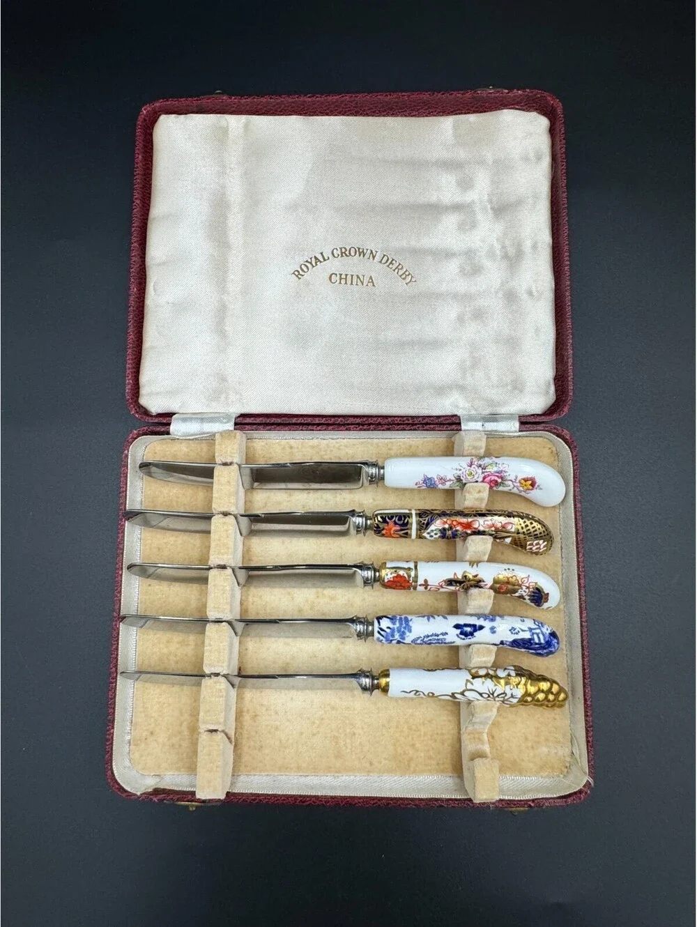 Royal Crown Derby Mixed Pattern Porcelain Handled Knives Set of 5 Vintage Englan